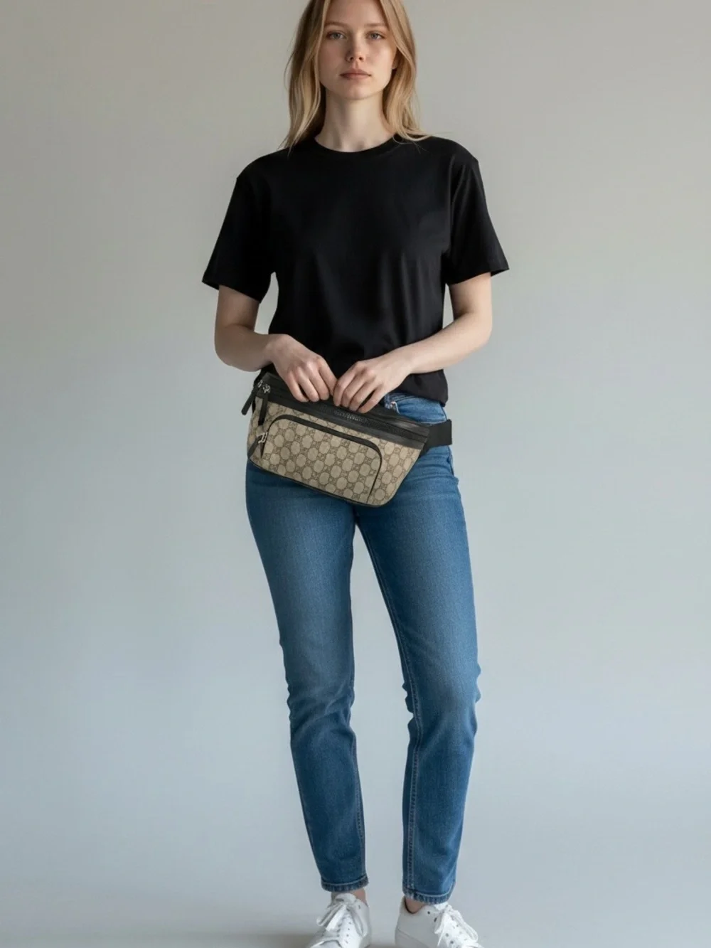 Gucci GG Supreme Monogram Belt Bag with Black Trim